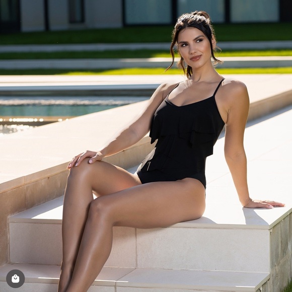 BEYOND TUMMY CONTROL SOLID ESSENTIALS GEOMETRIC OVERLAY ONE PIECE SWIMSUIT - Picture 1 of 5